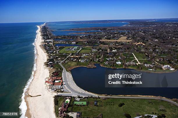 aerial view of shinnecock inlet, southampton, new york - southampton stock pictures, royalty-free photos & images