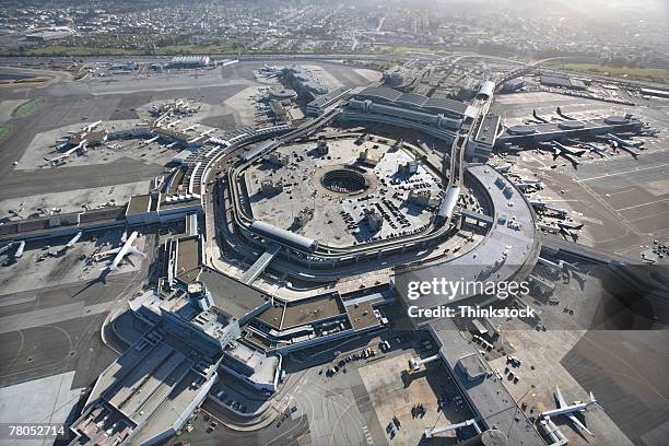 aerial view of san francisco international airport - san francisco international airport stock pictures, royalty-free photos & images