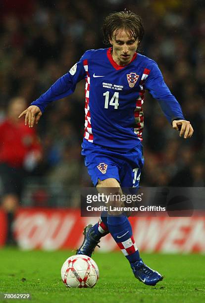 Luka Modric of Croatia in action during the Euro 2008 Group E qualifying match between England and Croatia at Wembley Stadium on November 21, 2007 in...