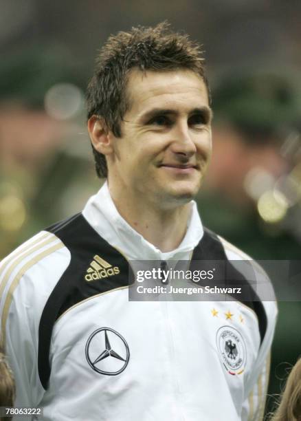 Miroslav Klose of Germany listen the the national anthems at the UEFA Euro2008 Group D qualifying match between Germany and Wales at the Commerzbank...