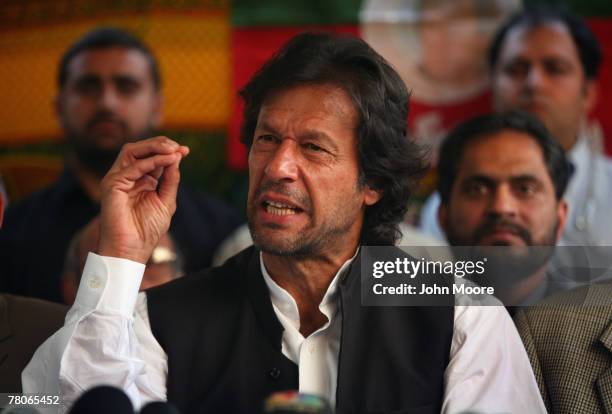 Pakistani opposition politician and cricket legend, Imran Khan, speaks out against President Pervez Musharraf and emergency rule at a press...