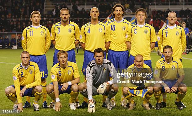 The Sweden team back row l-r Marcus Allback, Olof Mellberg, Daniel Majstorovic, Zlatan Ibrahimovic, Kim Kallstrom, Christian Wilhelmsson, front row...