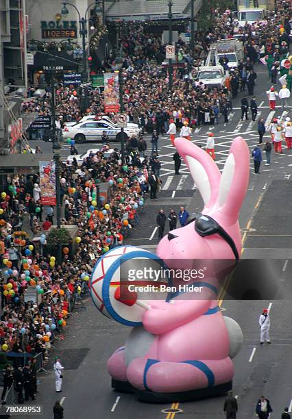 The Energizer bunny float is paraded at the Macy's Thanksgiving Day Parade on November 22, 2007 in New York City.