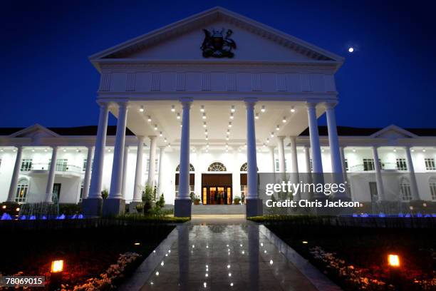 State house is lit up before the arrival of HRH Queen Elizabeth II on November 22, 2007 in Entebbe, Uganda. The Queen will open the Commonwealth...