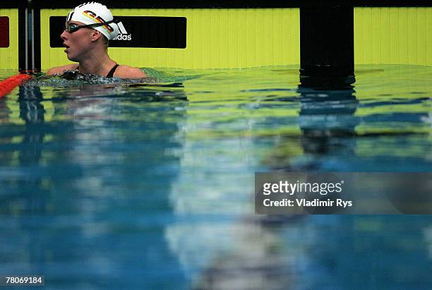 Britta Kamrau-Corestein of SC Empor Rostock looks on after winning the women's 1500m free style final during the German Swimming Short Track...