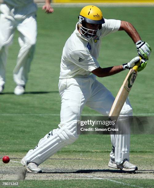 Theo Doropoulos of the Warriors late cuts during day one of the Pura Cup match between the South Australia Redbacks and the Western Australian...