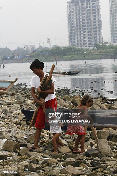 Woman from a small fishing community, gathers firewood with her children, 23 November 2007 in Pasay City, south of Manila, in anticipation for an...