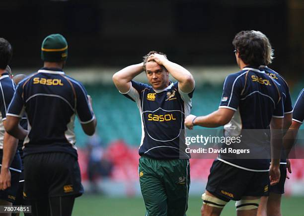 John Smit, the Springbok captain pictured during the South African Training session held at the Millennium Stadium on November 23, 2007 in Cardiff,...