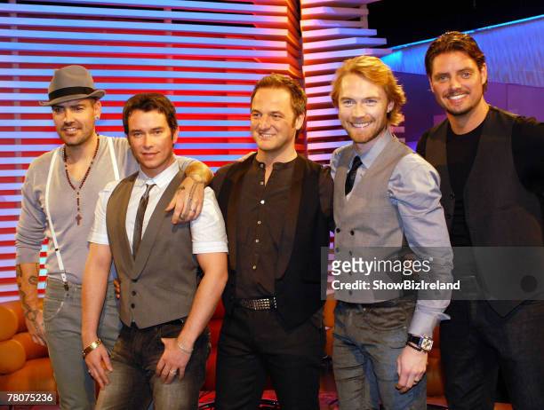 Boyzone members Shane Lynch, Stephen Gately, Mikey Graham, Ronan Keating and Keith Duffy attend RTE's The Late Late Show at RTE Studios on November...