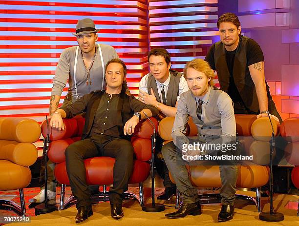Boyzone members Shane Lynch, Mikey Graham, Stephen Gately, Ronan Keating and Keith Duffy attend RTE's The Late Late Show at RTE Studios on November...