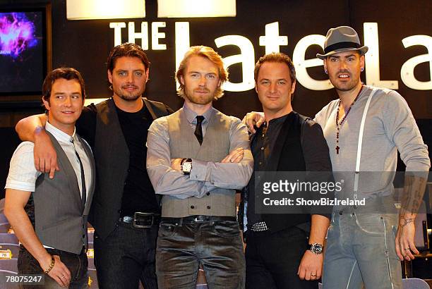 Boyzone members Stephen Gately, Keith Duffy, Ronan Keating, Mikey Graham and Shane Lynch attend RTE's The Late Late Show at RTE Studios on November...