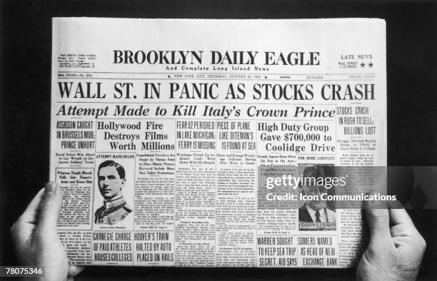 The front page of the Brooklyn Daily Eagle newspaper with the headline 'Wall St. In Panic As Stocks Crash', published on the day of the initial Wall...