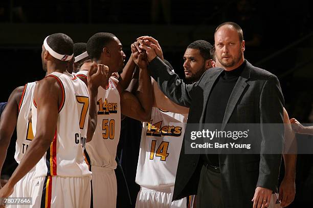 Head coach Joe Wolf of the Colorado 14ers gets his team together against the Anaheim Arsenal at the Broomfield Events Center November 23, 2007 in...