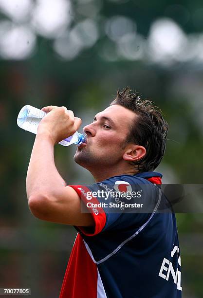 England bowler Steve Harmison takes a drink during England nets at the Premadasa Stadium on November 24, 2007 in Colombo, Sri Lanka.