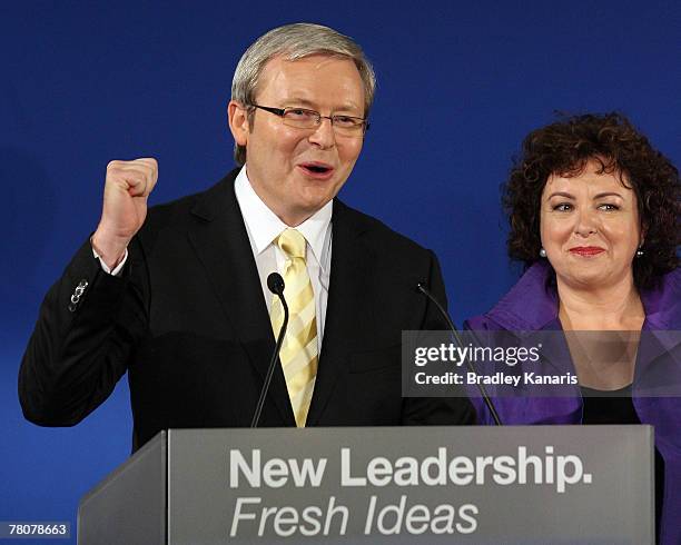 Labor leader and now the new Prime Minister of Australia Kevin Rudd speaks during the Australian Labor Party 2007 Election Night event at Suncorp...