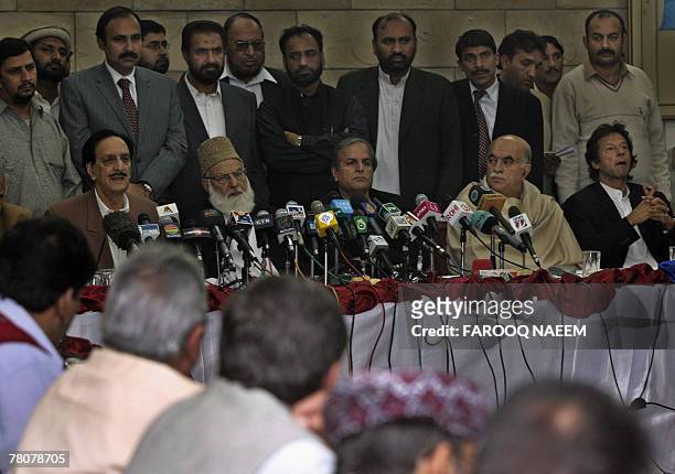 Leaders of All Parties Democratic Movement Alliance Raja Zafar-ul Haq, Qazi Hussain Ahmed, Javed Hashmi, Asfandyar Wali, Imran Khan, attend a press...