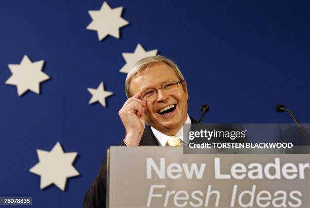 Labor leader Kevin Rudd can barely contain his joy as he delivers his victory speech after winning the federal elections in his hometown of Brisbane,...