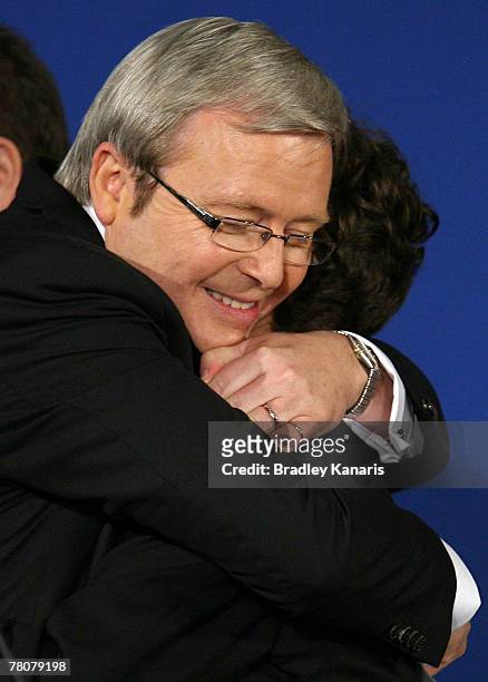 Labor leader and now the new Prime Minister of Australia Kevin Rudd hugs his son Marcus during the Australian Labor Party 2007 Election Night event...