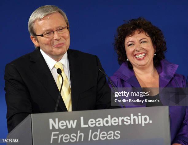 Labor leader and now the new Prime Minister of Australia Kevin Rudd laughs with wife Therese Rein by his side during the Australian Labor Party 2007...