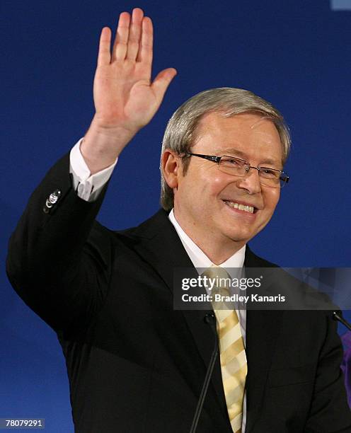 Labor leader and now the new Australian Prime Minister Kevin Rudd waves to the crowd during the Australian Labor Party 2007 Election Night event at...