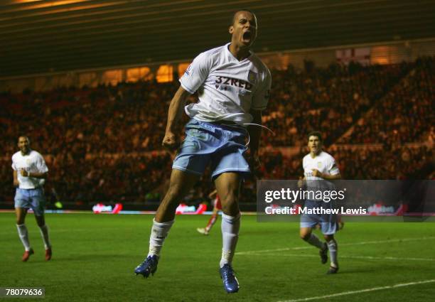 Gabriel Agbonlahor of Aston Villa celebrates scoring his teams third goal during the Barclays Premier League match between Middlesbrough and Aston...