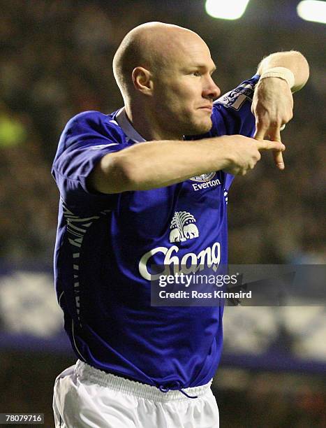 Andrew Johnson of Everton celebrates scoring his team's sixth goal during the Barclays Premier League match between Everton and Sunderland at...
