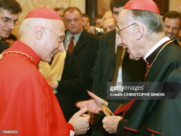 Italian newly appointed cardinal Angelo Bagnasco meets Italian Cardinal Camillo Ruini during the traditionnal courtesy visit, 24 November 2007 in...