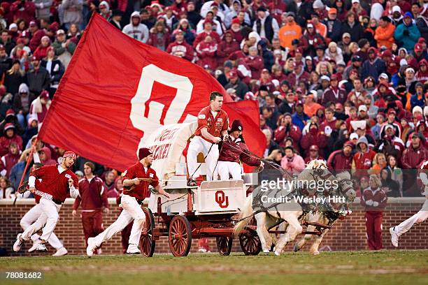 Sooner Schooner mascot of the Oklahoma Sooners celebrates after a touchdown against the Oklahoma State Cowboys at Gaylord Family-Oklahoma Memorial...