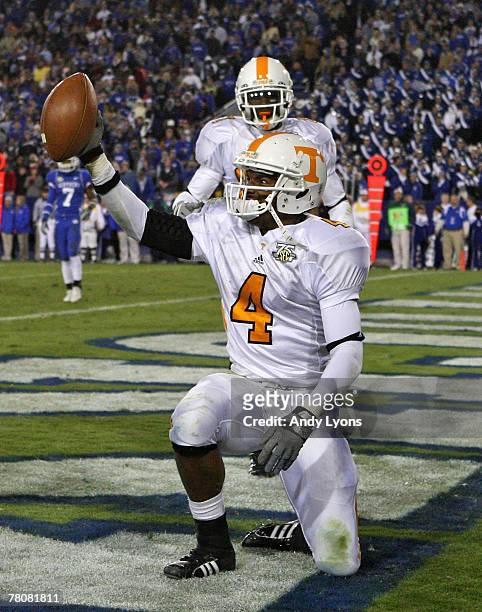 Gerald Jones of the Tennessee Volunteers celebrates after catching a touchdown pass in the first overtime of the SEC game against the Kentucky...