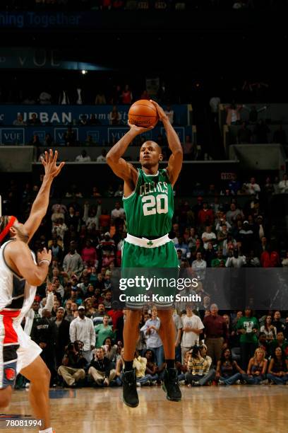 Ray Allen of the Boston Celtics makes the game winning 3-pointer against the Charlotte Bobcats at the Charlotte Bobcats Arena November 24, 2007 in...