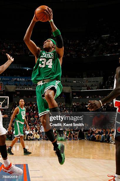 Paul Pierce of the Boston Celtics takes a shot against the Charlotte Bobcats during the game at the Charlotte Bobcats Arena November 24, 2007 in...