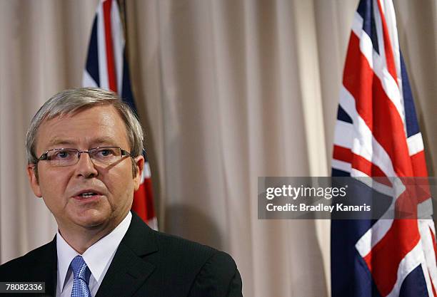 Prime Minister-elect Kevin Rudd addresses the media at a press conference following the Labor Party's victory in yesterday's Australian Federal...