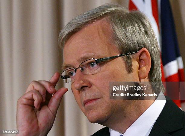 Prime Minister-elect Kevin Rudd addresses the media at a press conference following the Labor Party's victory in yesterday's Australian Federal...