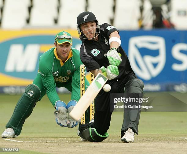 Brendon McCullum of New Zealand in his innings of 40 runs during the first ODI match between South Africa and New Zealand held at Sarhara Stadium on...