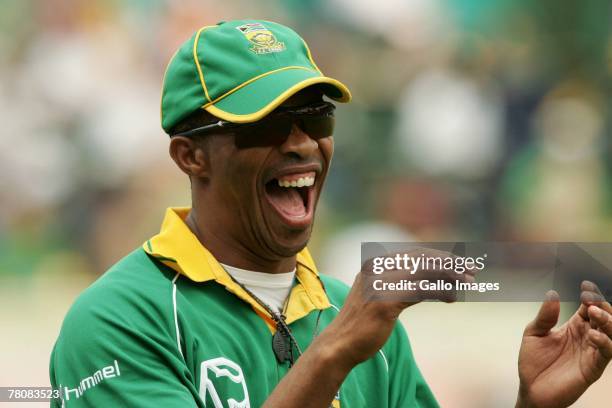 Makhaya Ntini of South Africa laughs during the first ODI match between South Africa and New Zealand held at Sarhara Stadium on November 25, 2007 in...