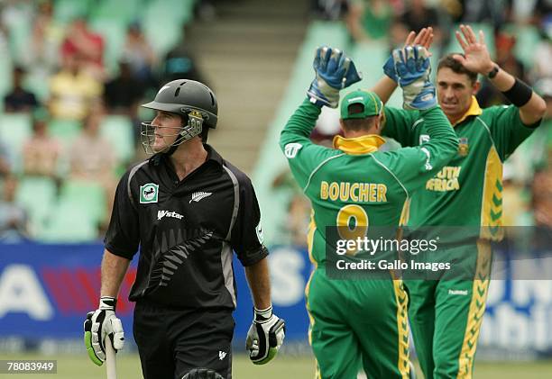 Jamie How of New Zealand bowled out by Andre Nel of South Africa for 90 runs during the first ODI match between South Africa and New Zealand held at...