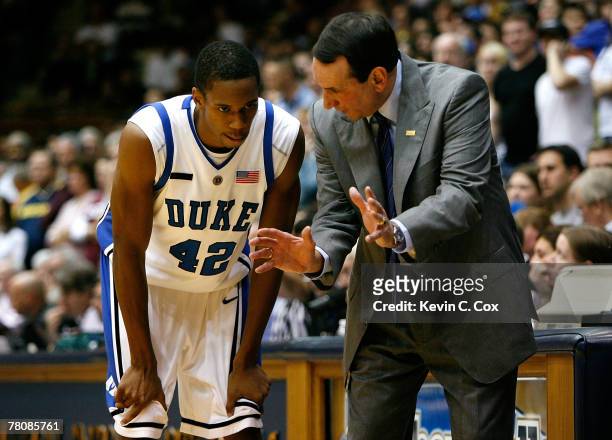 Head coach Mike Krzyzewski directs Lance Thomas of the Duke Blue Devils during the second half against the Eastern Kentucky Colonels at Cameron...