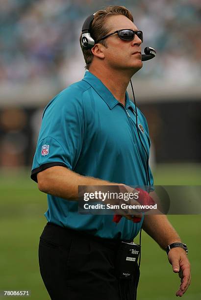 Head Coach Jack Del Rio of the Jacksonville Jaguars prepares to throw the challenge flag in a game against the Buffalo Bills at Jacksonville...