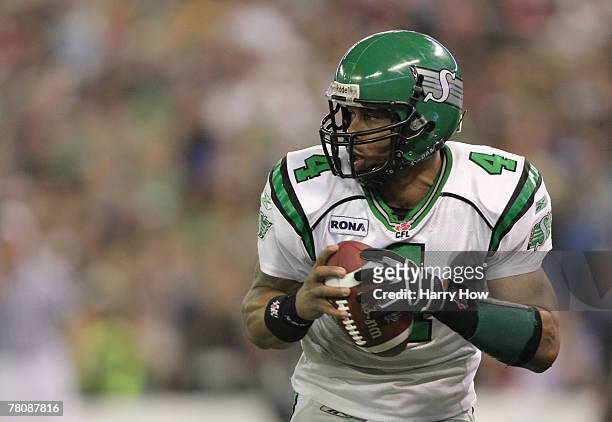 Kerry Joseph of the Saskatchewan Rough Riders drops back in the pocket against the Winnipeg Blue Bombers during the third quarter of the 95th Grey...