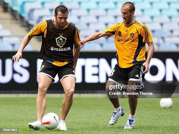 Chris Klein competes with Peter Vagenas during an LA Galaxy training session at Telstra Stadium on November 26, 2007 in Sydney, Australia.