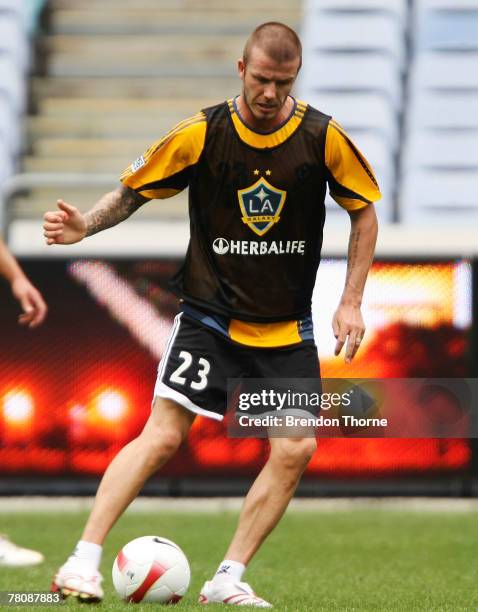 David Beckham kicks the ball during an LA Galaxy training session at Telstra Stadium on November 26, 2007 in Sydney, Australia.