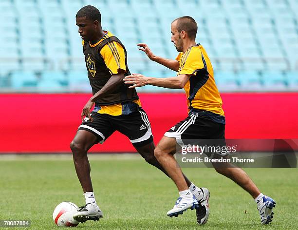 Tyrone Marshall evades his team mate during an LA Galaxy training session at Telstra Stadium on November 26, 2007 in Sydney, Australia.