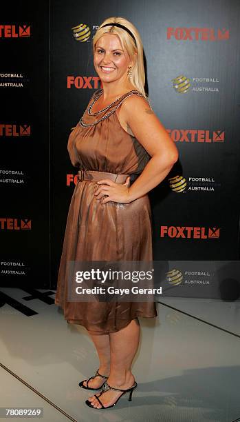 Personality AJ Rochester arrives at the "Foxtel Is Football" Foxtel and FFA hosted party in honour of David Beckham at Cafe Sydney on November 26,...