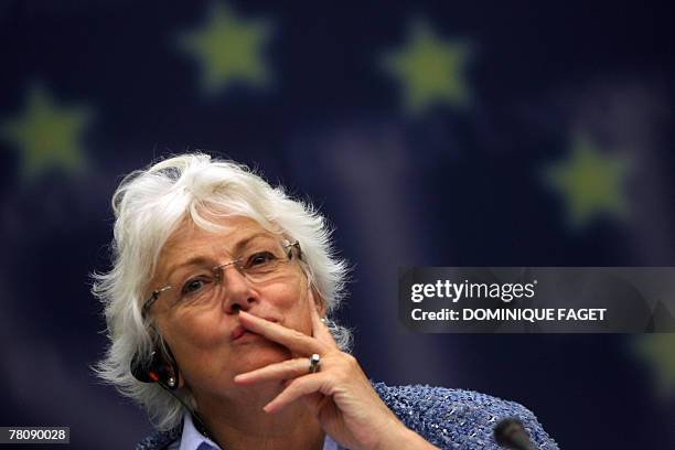 Agriculture commissioner Mariann Fischer Boel talks to the press during an EU Agriculture Council meeting 26 November 2007 at EU headquarters in...