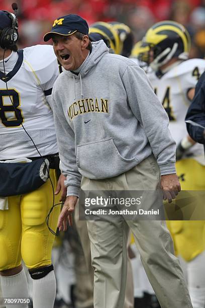 Head coach Lloyd Carr of the Michigan Wolverines looks on during the game against the Wisconsin Badgers at Camp Randall Stadium on November 10, 2007...