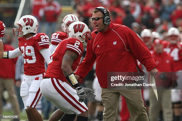 Head coach Bret Bielema of the Wisconsin Badgers yells at Jonathan Casillas during the game against the Michigan Wolverines at Camp Randall Stadium...