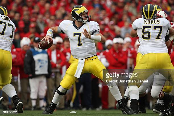 Chad Henne of the Michigan Wolverines fades back to pass during the game against the Wisconsin Badgers at Camp Randall Stadium on November 10, 2007...