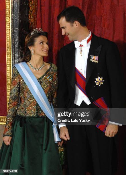 Prince Felipe and Princess Letizia pose for photographers during the Gala Dinner in honour of Romanian President Traian Basescu and his wife Maria,...