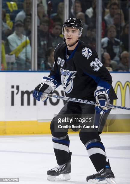 Mike Lundin of the Tampa Bay Lightning waits for the pass against the Washington Capitals at St. Pete Times Forum on November 16, 2007 in Tampa,...