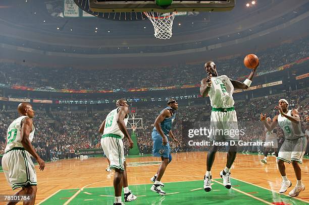 Kevin Garnett of the Boston Celtics grabs a rebound against the Washington Wizards during the game on November 2, 2007 at the TD Banknorth Garden in...